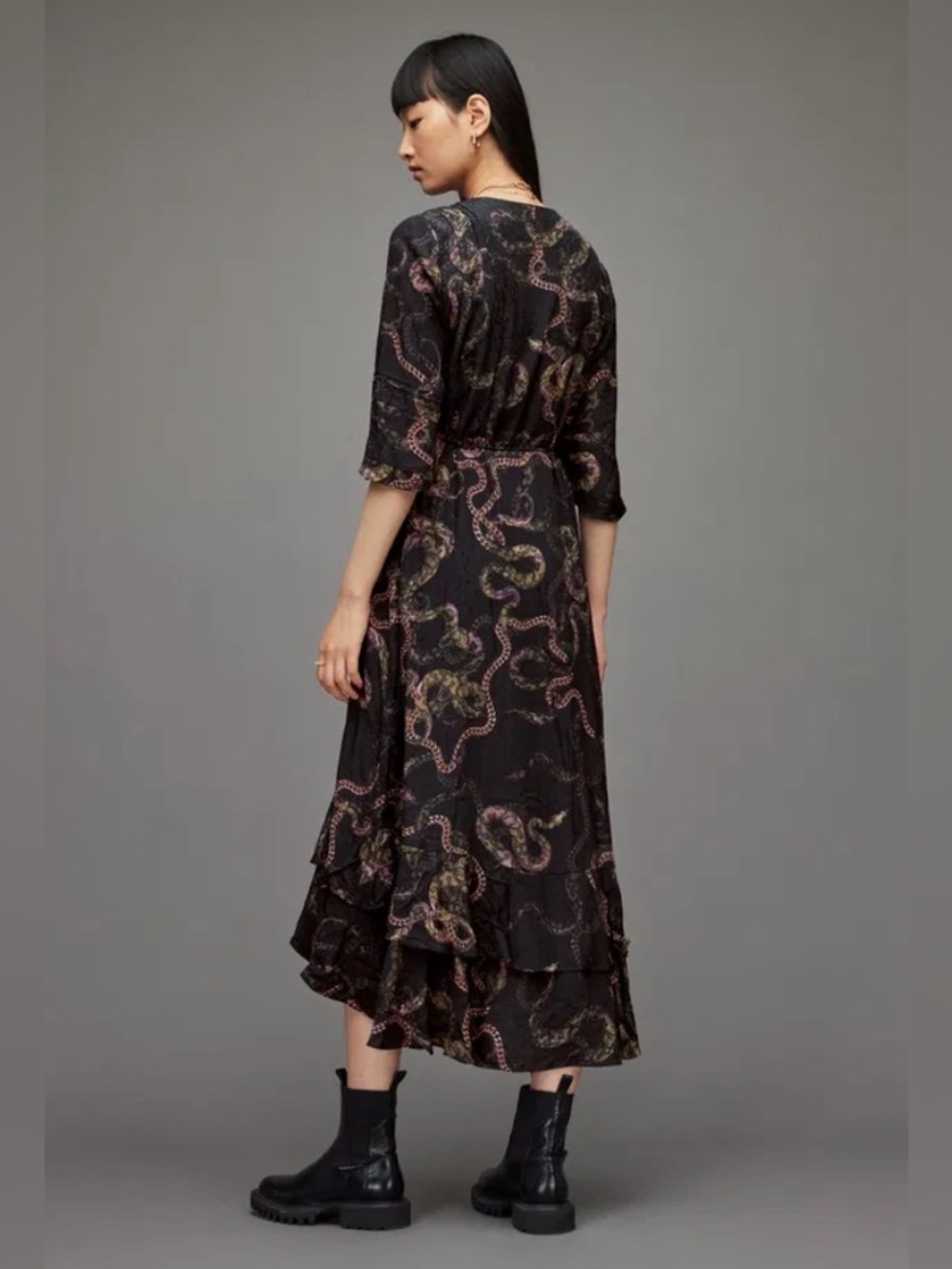 AllSaints Delana Tempest Wrap Slip Dress in deep green with snake- print - Picture 3 of 12